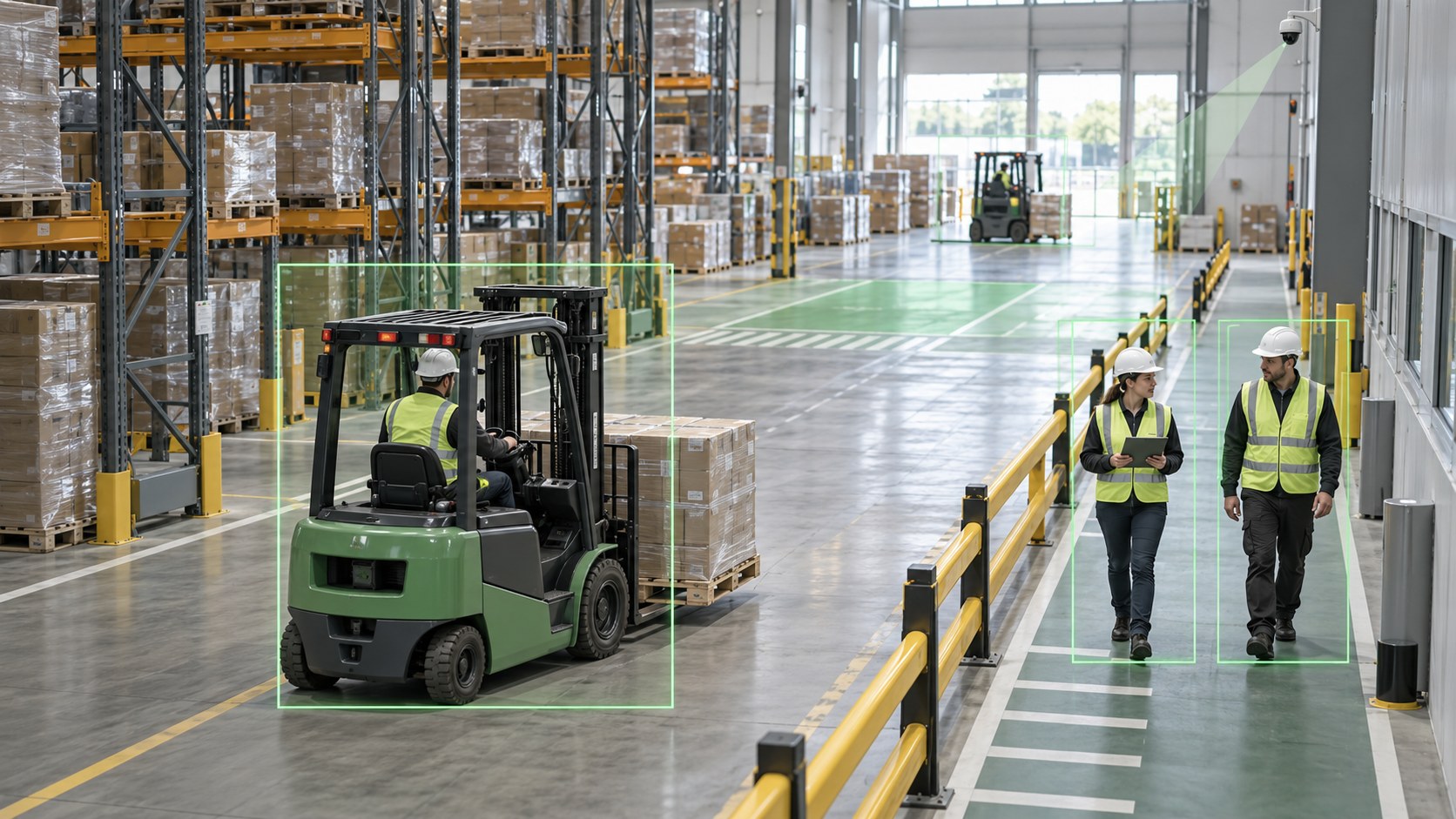Visual AI detecting a forklift and pedestrians on separated routes inside a logistics warehouse