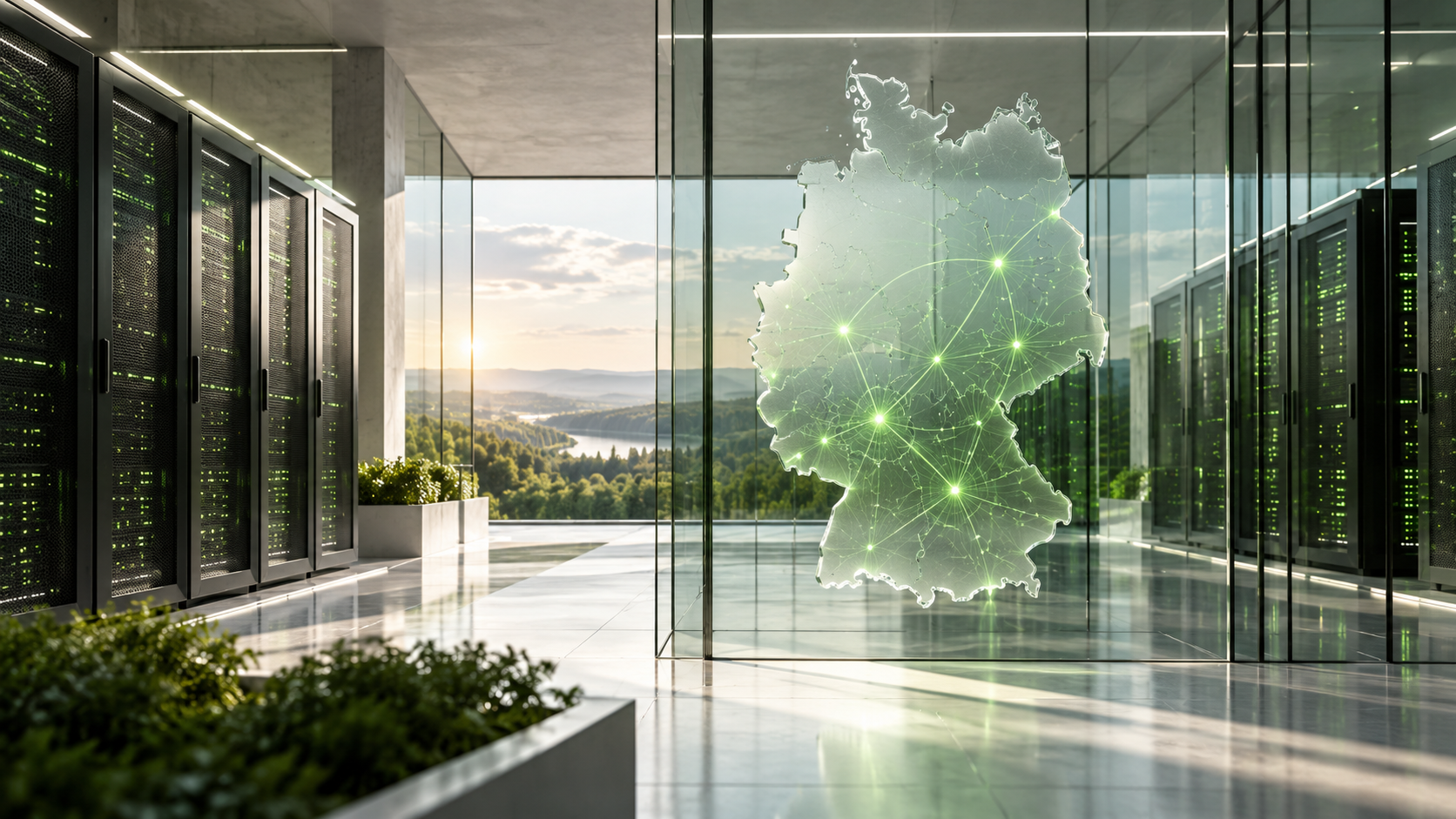 AI-generated illustration of a German data centre and visual AI network