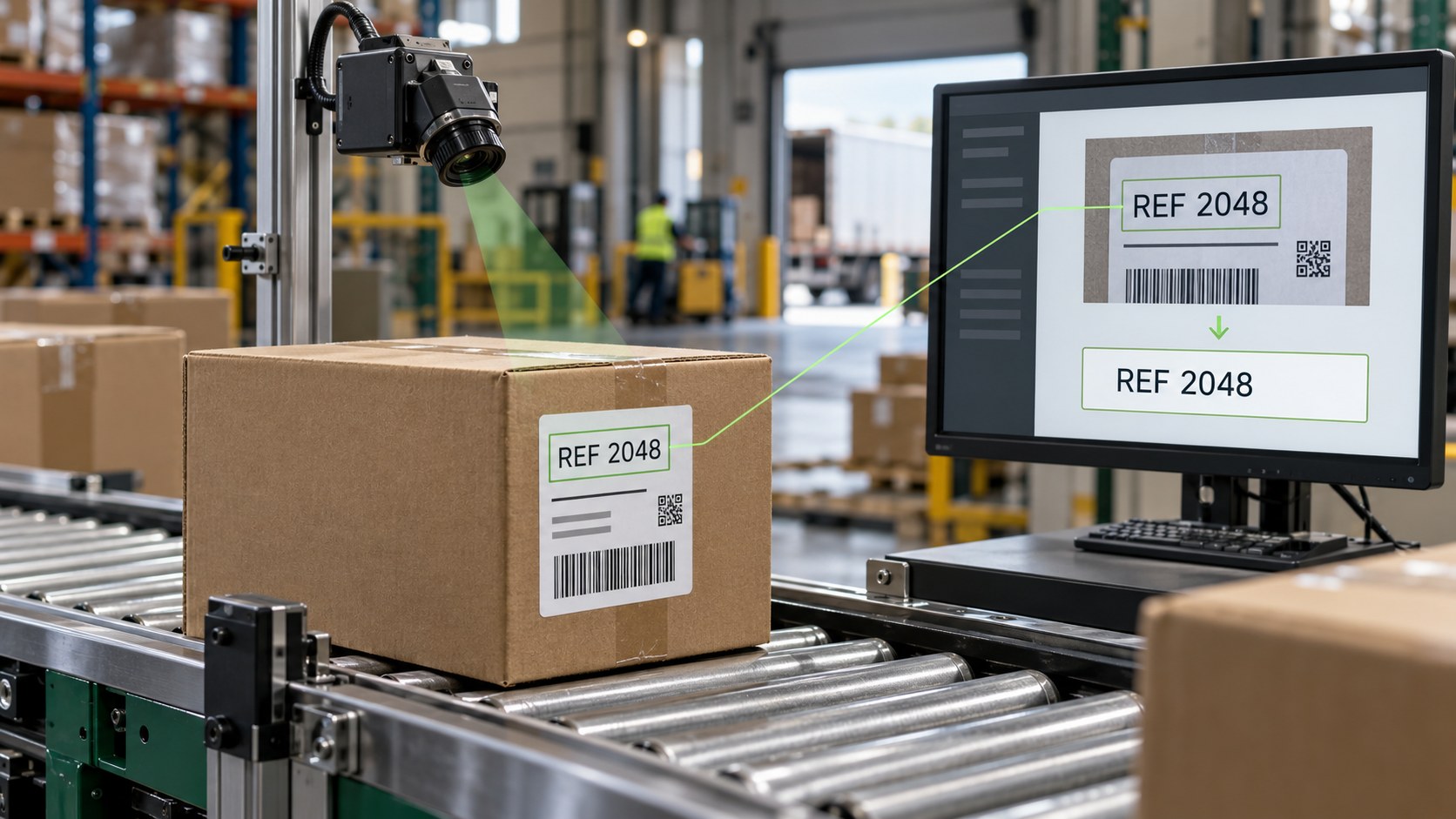 Visual AI camera and OCR in logistics reading a shipping label and displaying the extracted reference