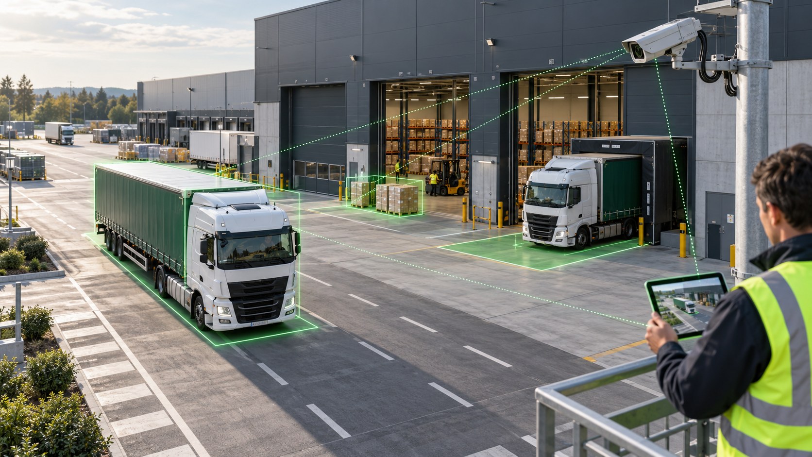 Visual AI in supply chain management monitoring trucks, pallets and loading bays for a logistics coordinator